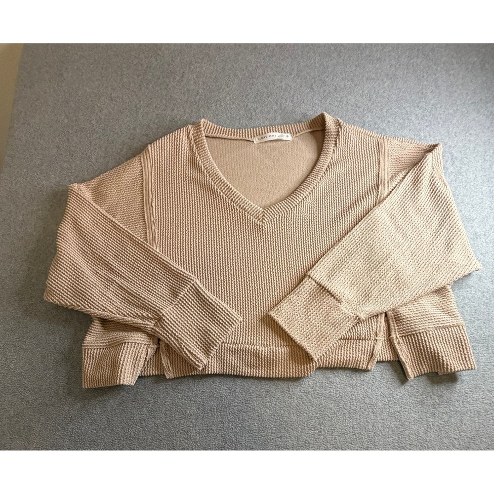 Altar'd State Tan Waffle Knit Cropped V-Neck Sweater Oversized S